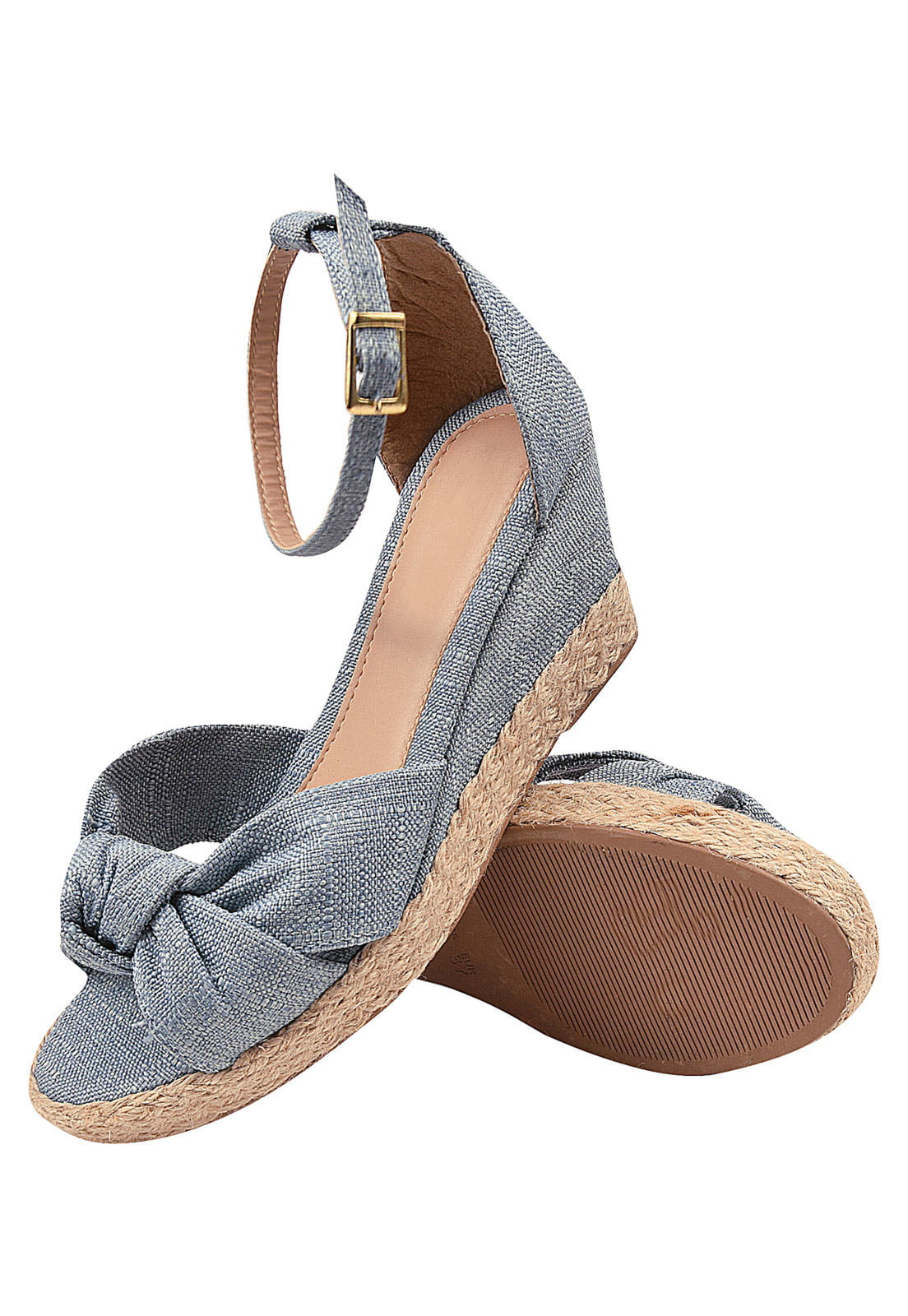Sandália Anabela Jeans Claro Sola Corda Salto Fachetado Feminino - Mundo F  Kids